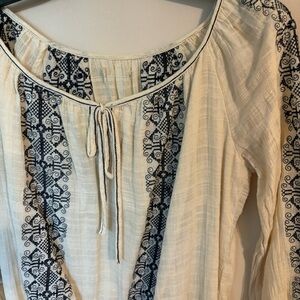 Boho Vintage Cream Blouse with Navy Blue Embroidery